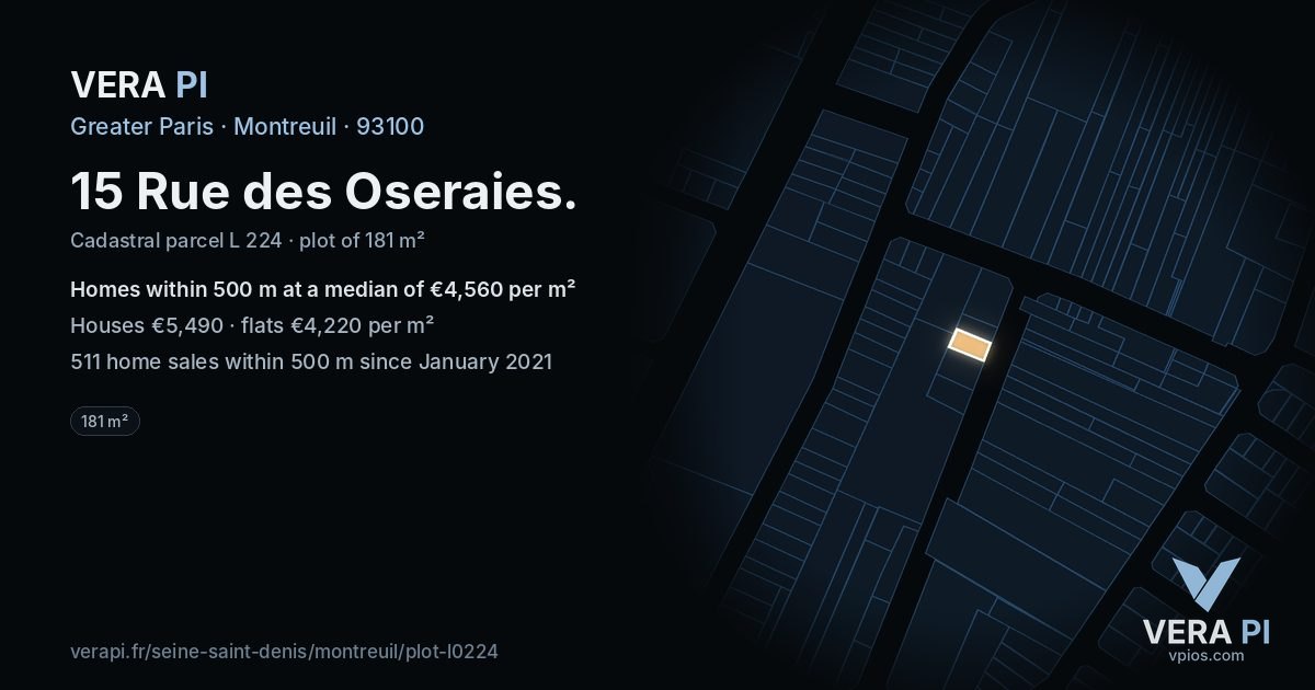 15 Rue des Oseraies, Montreuil at night – the plot lit, the parcels around coloured by the prices near them