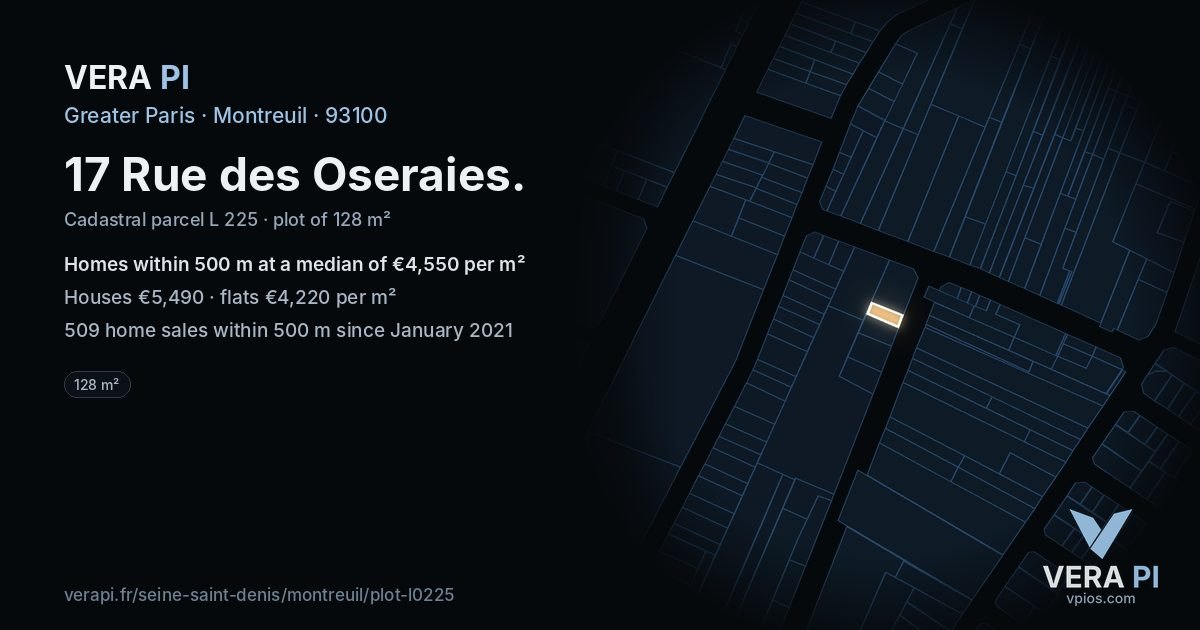 17 Rue des Oseraies, Montreuil at night – the plot lit, the parcels around coloured by the prices near them