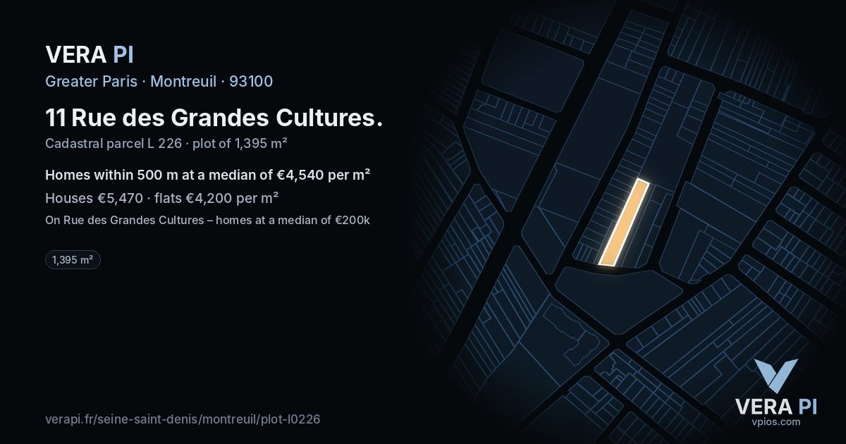 11 Rue des Grandes Cultures, Montreuil at night – the plot lit, the parcels around coloured by the prices near them
