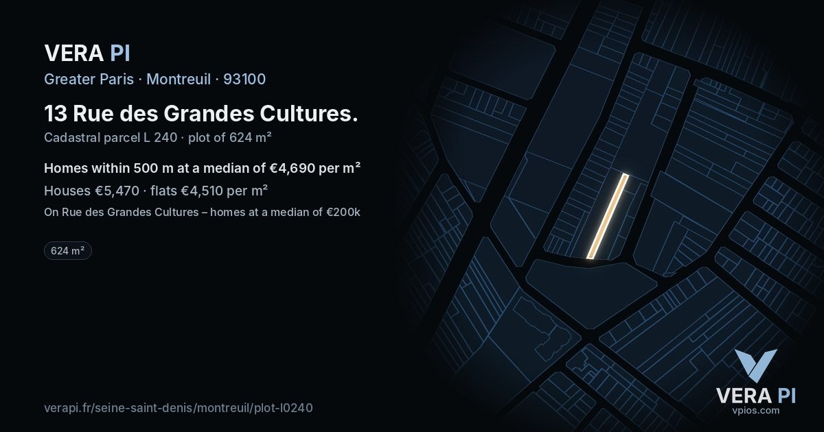 13 Rue des Grandes Cultures, Montreuil at night – the plot lit, the parcels around coloured by the prices near them