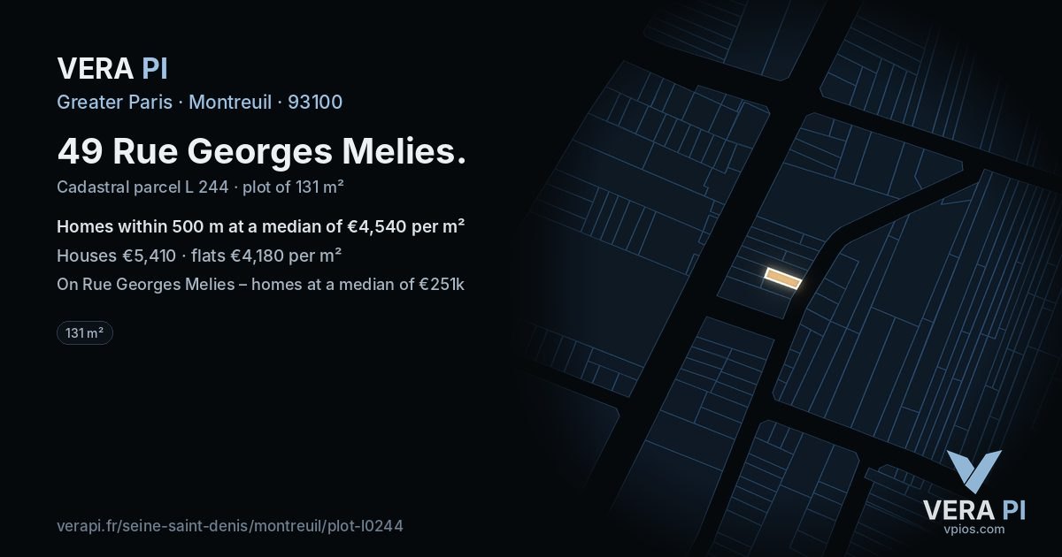 49 Rue Georges Melies, Montreuil at night – the plot lit, the parcels around coloured by the prices near them