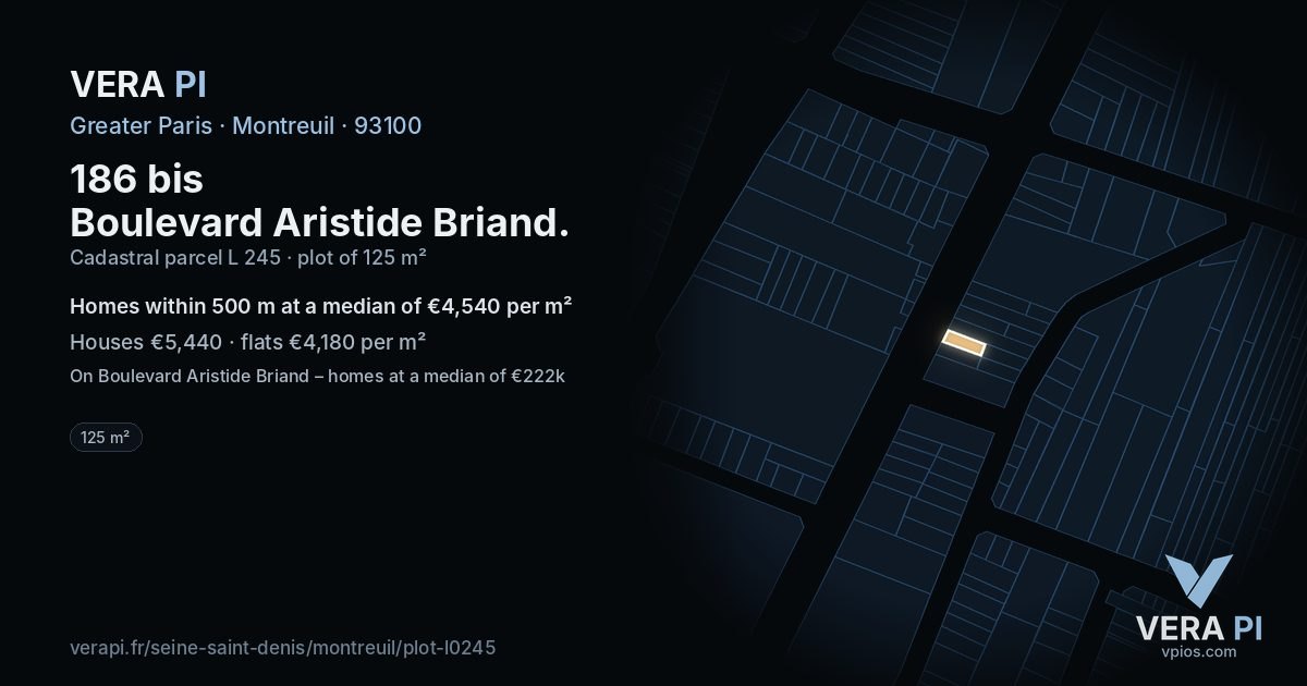 186 bis Boulevard Aristide Briand, Montreuil at night – the plot lit, the parcels around coloured by the prices near them