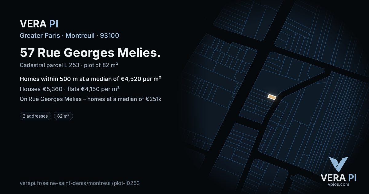 57 Rue Georges Melies, Montreuil at night – the plot lit, the parcels around coloured by the prices near them