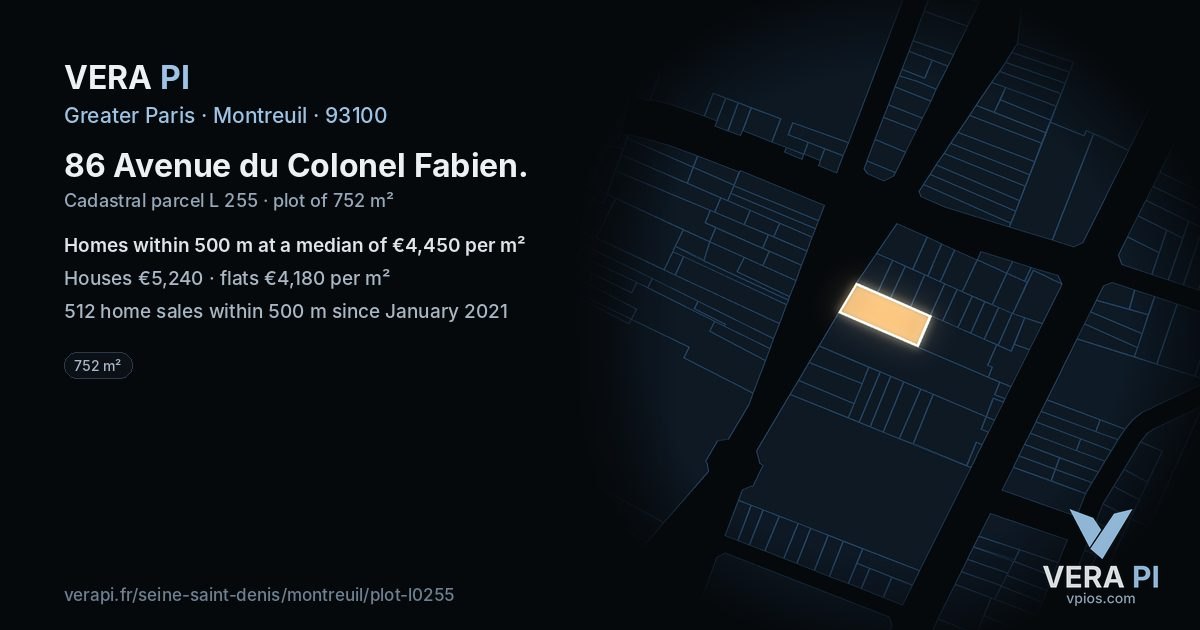 86 Avenue du Colonel Fabien, Montreuil at night – the plot lit, the parcels around coloured by the prices near them
