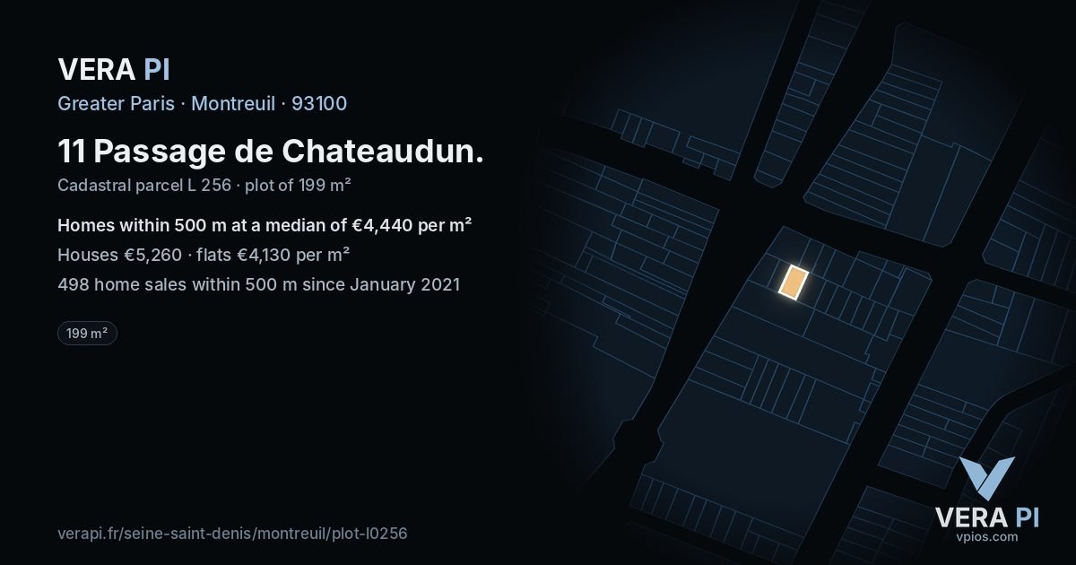 11 Passage de Chateaudun, Montreuil at night – the plot lit, the parcels around coloured by the prices near them
