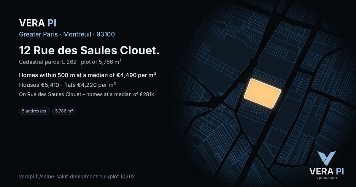 12 Rue des Saules Clouet, Montreuil at night – the plot lit, the parcels around coloured by the prices near them