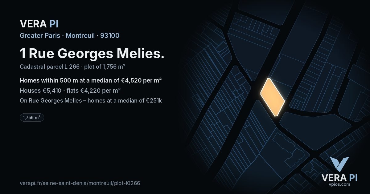 1 Rue Georges Melies, Montreuil at night – the plot lit, the parcels around coloured by the prices near them