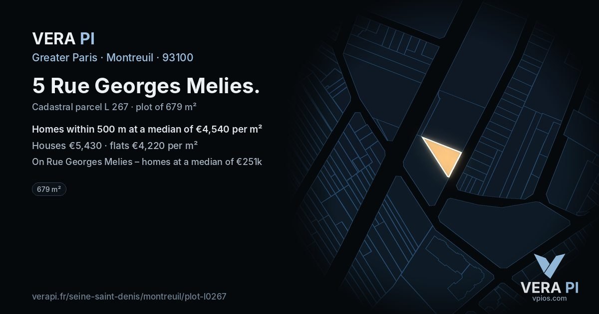 5 Rue Georges Melies, Montreuil at night – the plot lit, the parcels around coloured by the prices near them