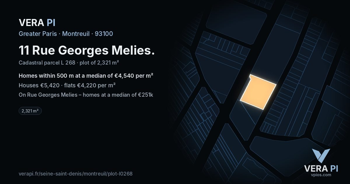 11 Rue Georges Melies, Montreuil at night – the plot lit, the parcels around coloured by the prices near them