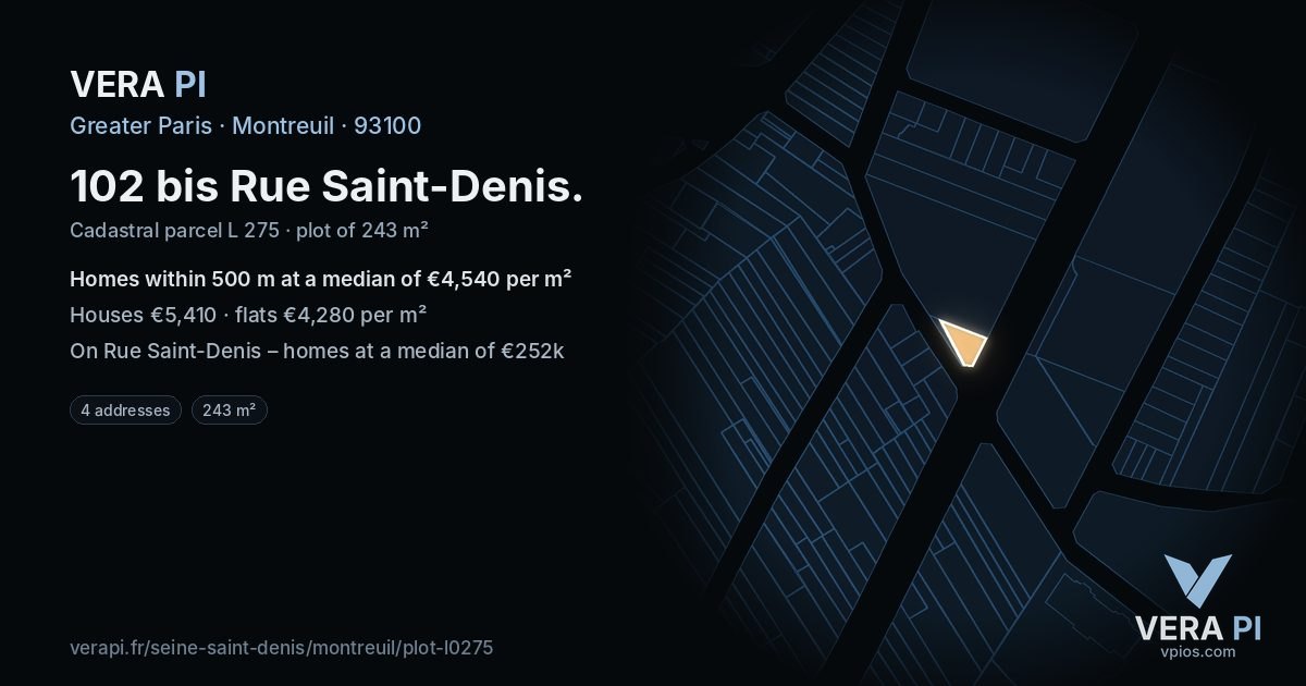 102 bis Rue Saint-Denis, Montreuil at night – the plot lit, the parcels around coloured by the prices near them