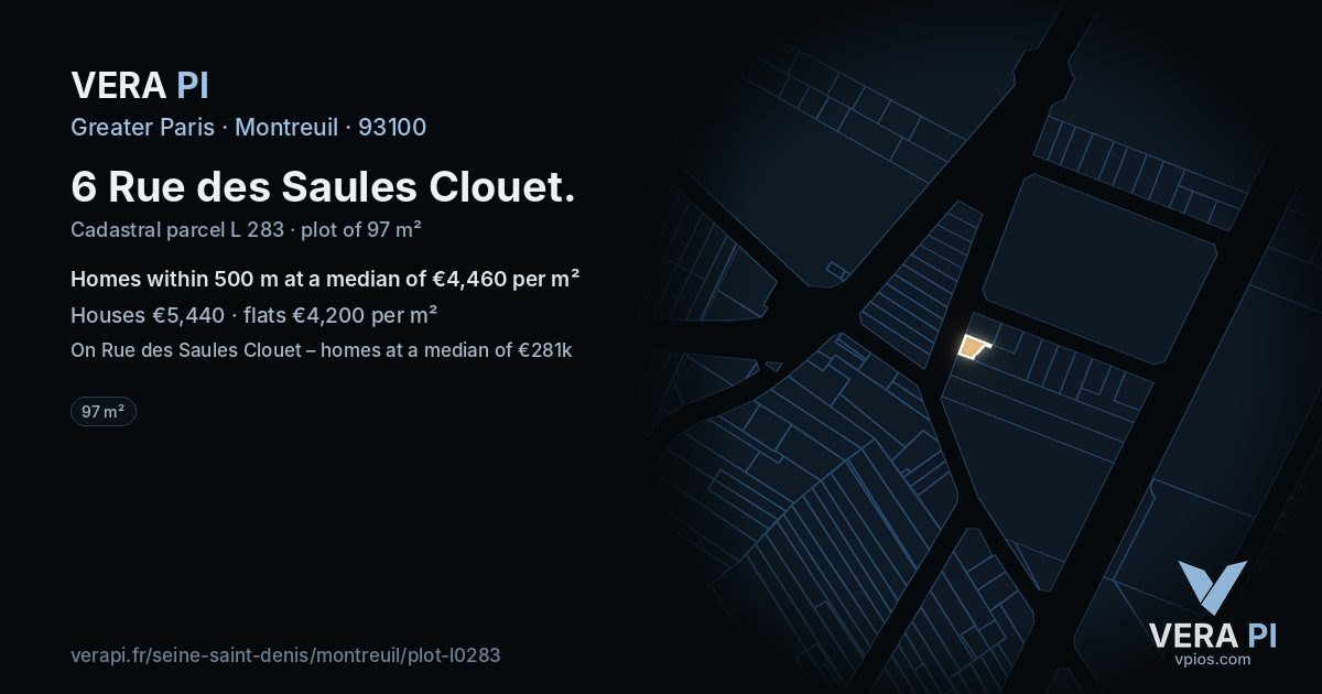 6 Rue des Saules Clouet, Montreuil at night – the plot lit, the parcels around coloured by the prices near them