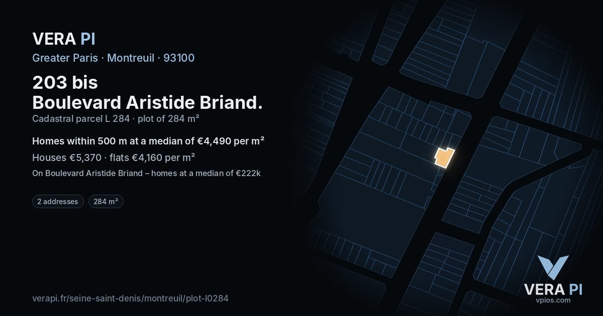 203 bis Boulevard Aristide Briand, Montreuil at night – the plot lit, the parcels around coloured by the prices near them