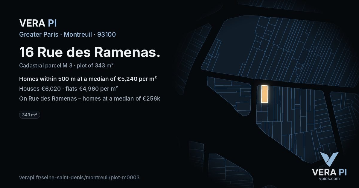 16 Rue des Ramenas, Montreuil at night – the plot lit, the parcels around coloured by the prices near them