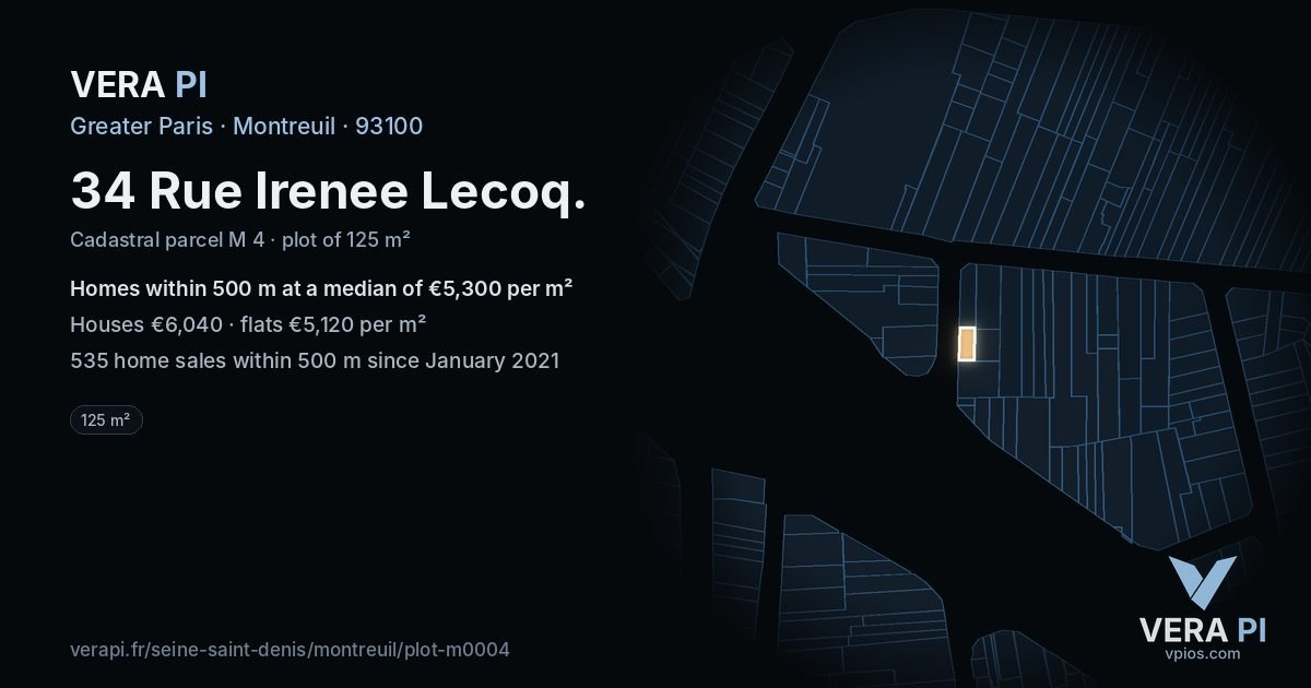 34 Rue Irenee Lecoq, Montreuil at night – the plot lit, the parcels around coloured by the prices near them