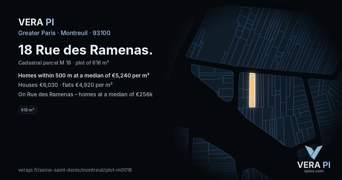 18 Rue des Ramenas, Montreuil at night – the plot lit, the parcels around coloured by the prices near them