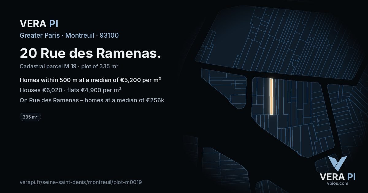 20 Rue des Ramenas, Montreuil at night – the plot lit, the parcels around coloured by the prices near them