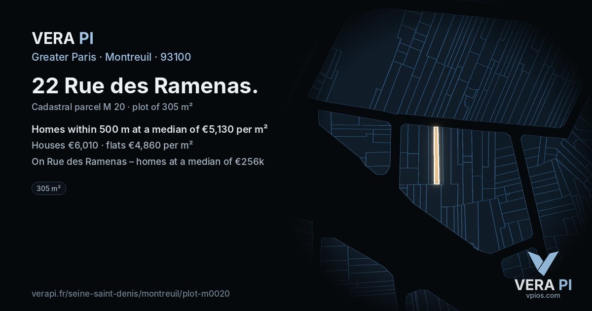 22 Rue des Ramenas, Montreuil at night – the plot lit, the parcels around coloured by the prices near them