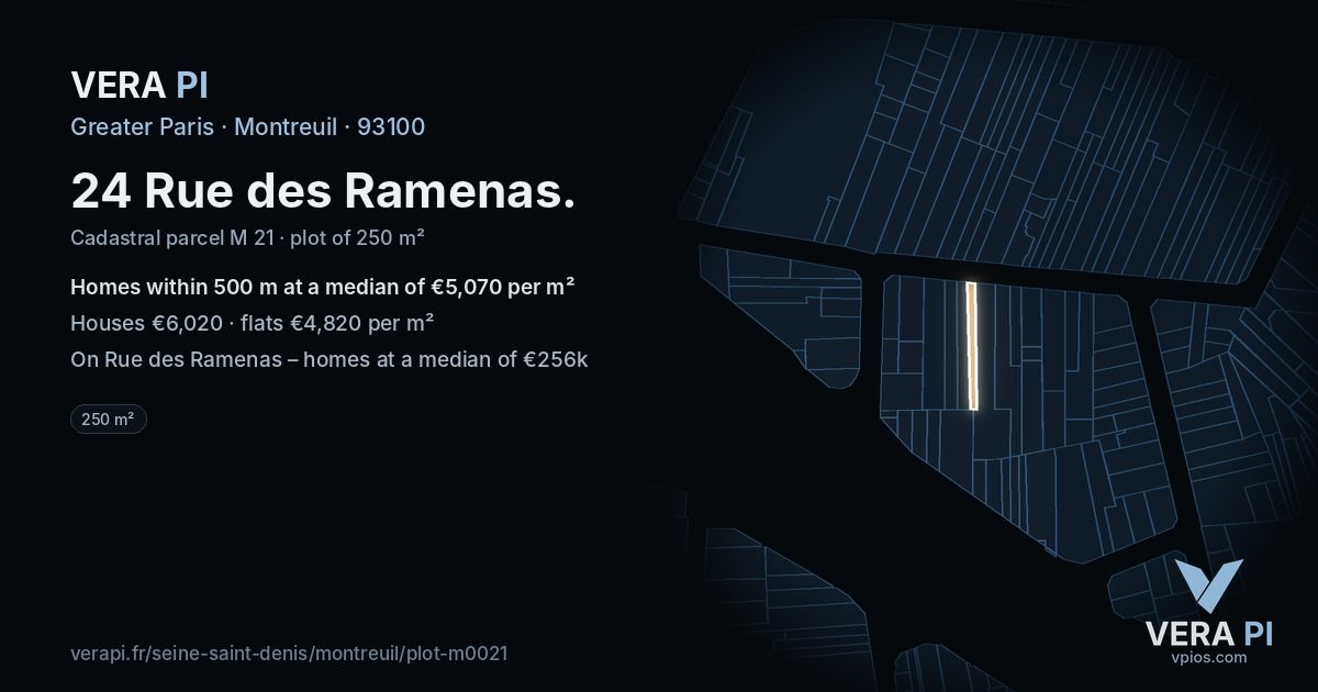 24 Rue des Ramenas, Montreuil at night – the plot lit, the parcels around coloured by the prices near them