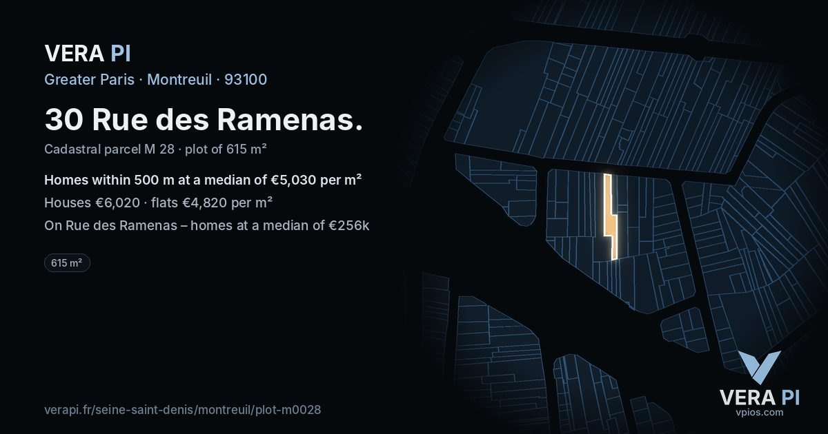 30 Rue des Ramenas, Montreuil at night – the plot lit, the parcels around coloured by the prices near them