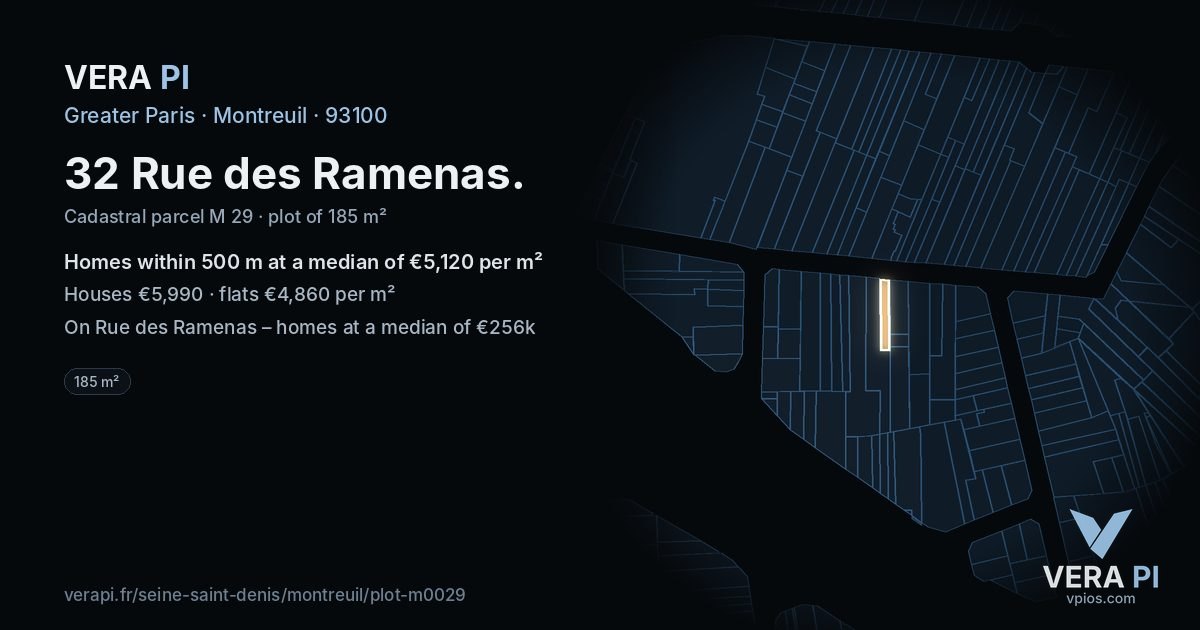 32 Rue des Ramenas, Montreuil at night – the plot lit, the parcels around coloured by the prices near them