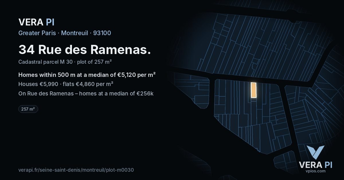 34 Rue des Ramenas, Montreuil at night – the plot lit, the parcels around coloured by the prices near them
