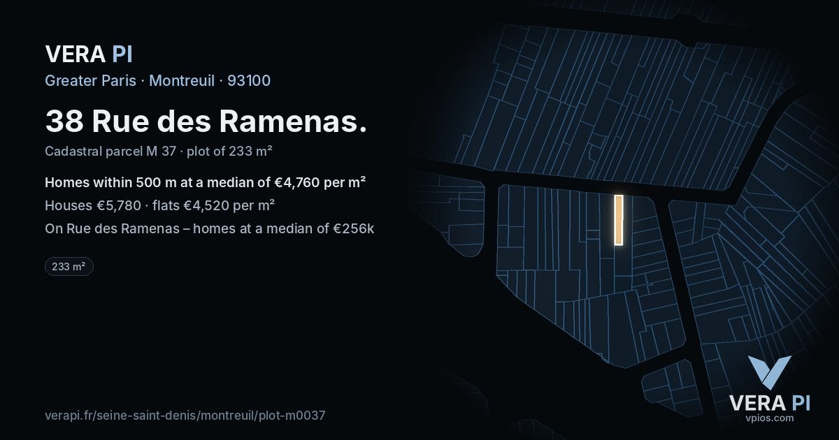 38 Rue des Ramenas, Montreuil at night – the plot lit, the parcels around coloured by the prices near them