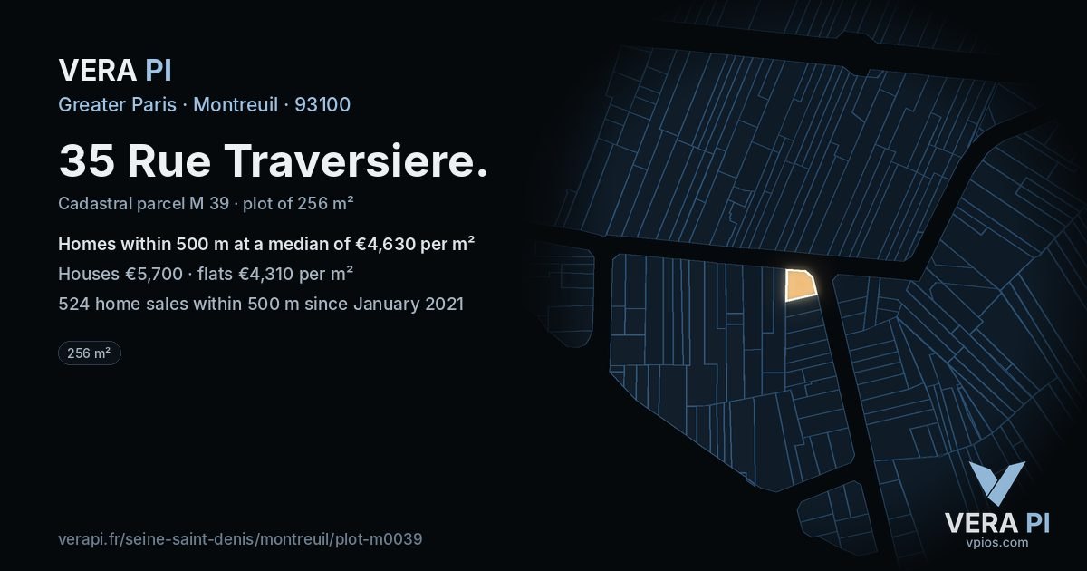 35 Rue Traversiere, Montreuil at night – the plot lit, the parcels around coloured by the prices near them
