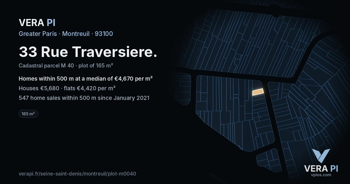 33 Rue Traversiere, Montreuil at night – the plot lit, the parcels around coloured by the prices near them
