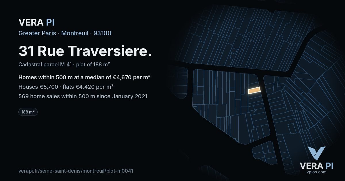 31 Rue Traversiere, Montreuil at night – the plot lit, the parcels around coloured by the prices near them