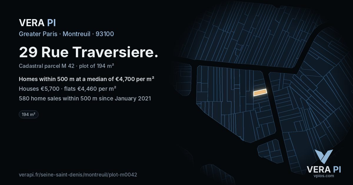 29 Rue Traversiere, Montreuil at night – the plot lit, the parcels around coloured by the prices near them