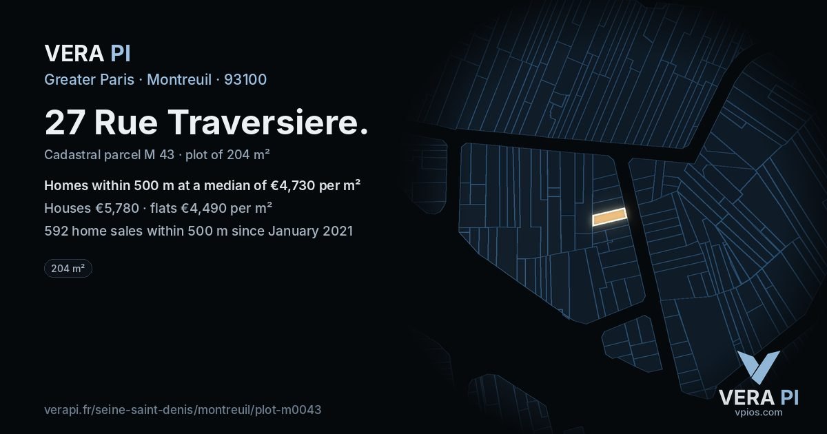 27 Rue Traversiere, Montreuil at night – the plot lit, the parcels around coloured by the prices near them