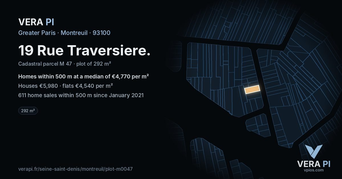 19 Rue Traversiere, Montreuil at night – the plot lit, the parcels around coloured by the prices near them