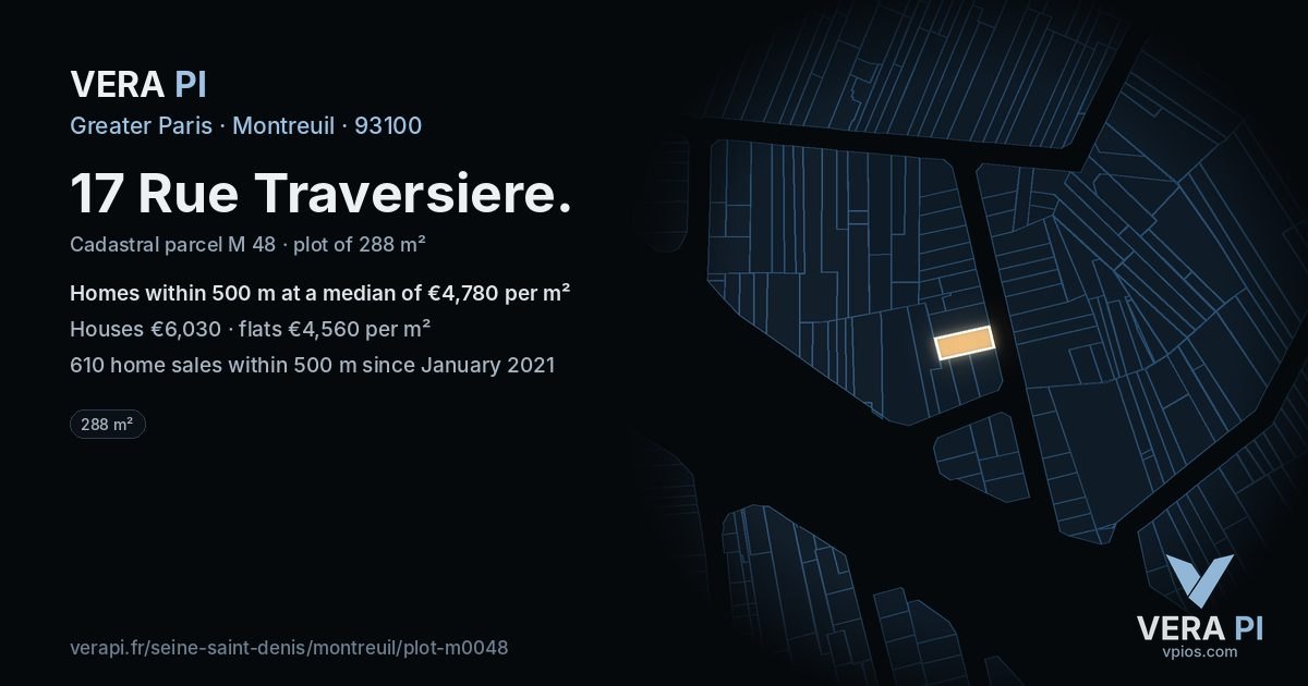17 Rue Traversiere, Montreuil at night – the plot lit, the parcels around coloured by the prices near them