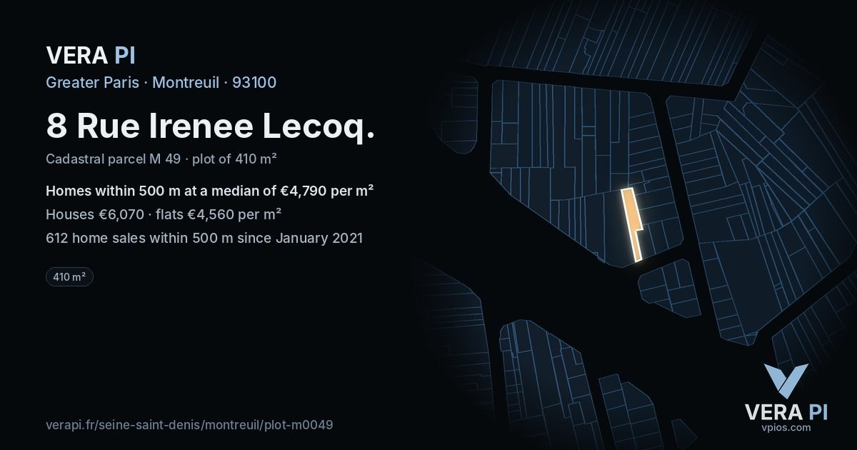 8 Rue Irenee Lecoq, Montreuil at night – the plot lit, the parcels around coloured by the prices near them