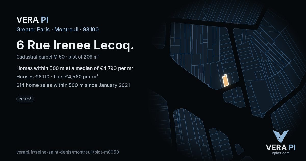 6 Rue Irenee Lecoq, Montreuil at night – the plot lit, the parcels around coloured by the prices near them