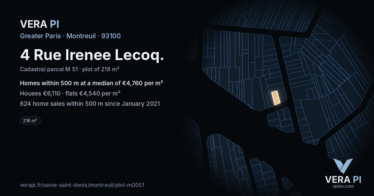 4 Rue Irenee Lecoq, Montreuil at night – the plot lit, the parcels around coloured by the prices near them