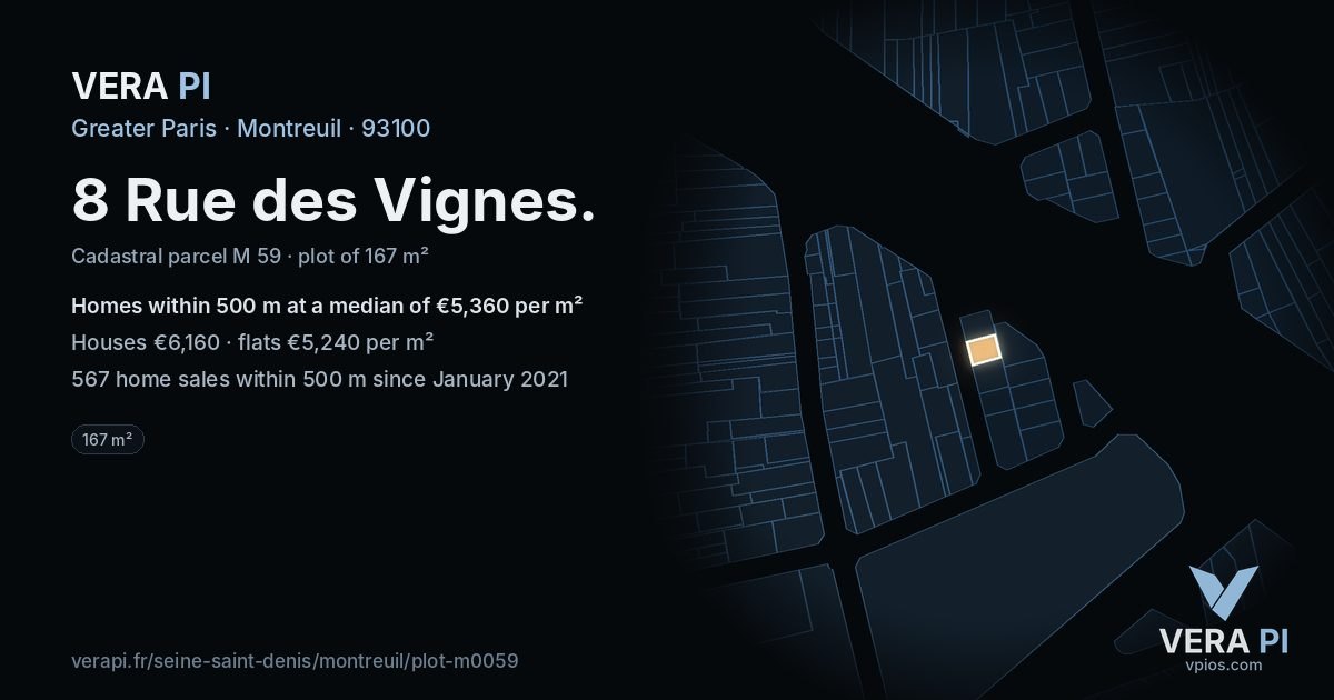 8 Rue des Vignes, Montreuil at night – the plot lit, the parcels around coloured by the prices near them