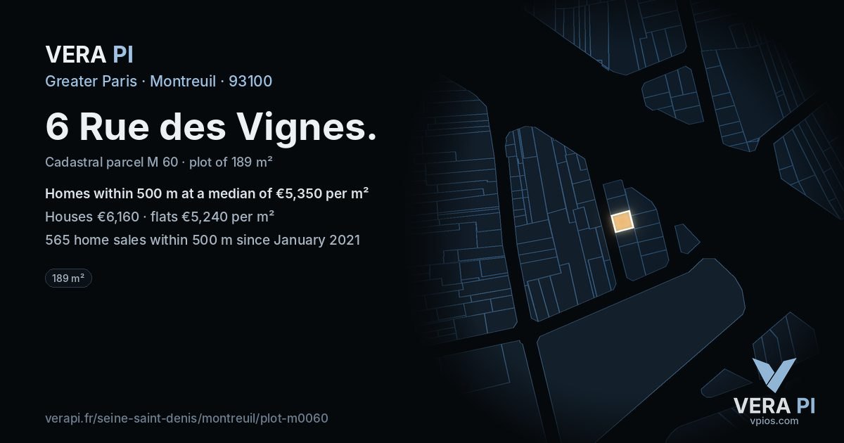 6 Rue des Vignes, Montreuil at night – the plot lit, the parcels around coloured by the prices near them