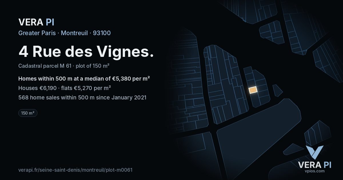 4 Rue des Vignes, Montreuil at night – the plot lit, the parcels around coloured by the prices near them