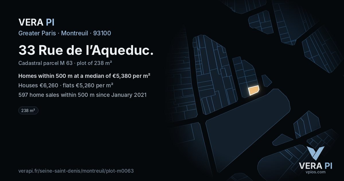 33 Rue de l’Aqueduc, Montreuil at night – the plot lit, the parcels around coloured by the prices near them