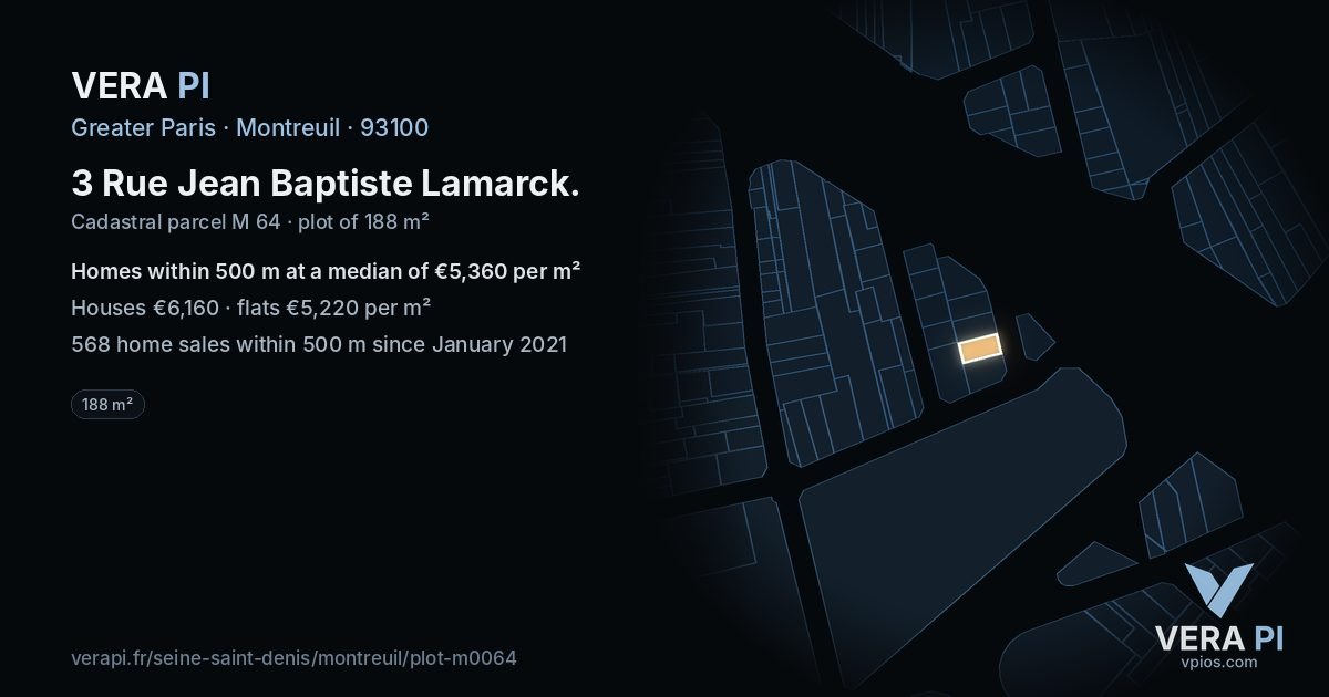 3 Rue Jean Baptiste Lamarck, Montreuil at night – the plot lit, the parcels around coloured by the prices near them