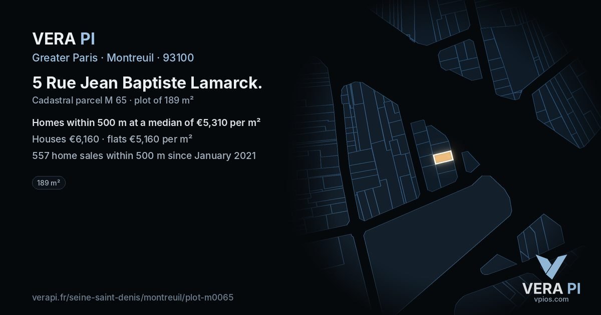 5 Rue Jean Baptiste Lamarck, Montreuil at night – the plot lit, the parcels around coloured by the prices near them