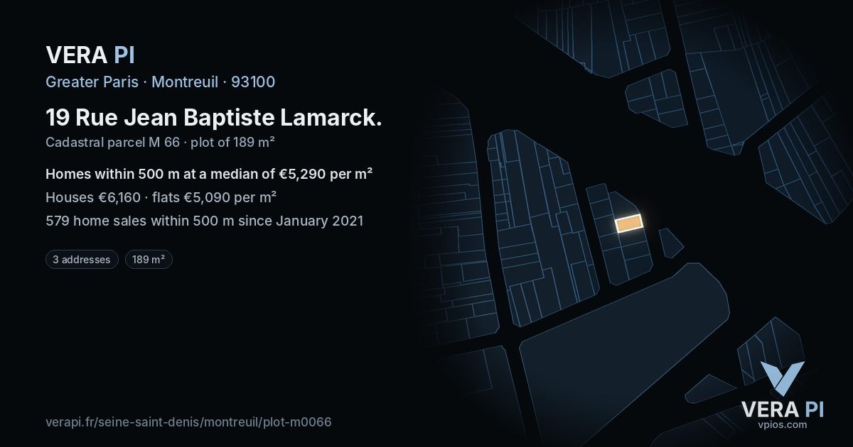 19 Rue Jean Baptiste Lamarck, Montreuil at night – the plot lit, the parcels around coloured by the prices near them