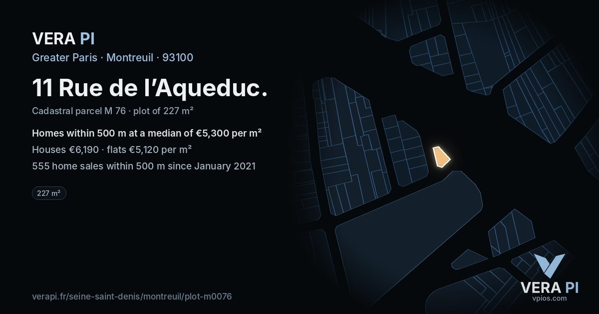 11 Rue de l’Aqueduc, Montreuil at night – the plot lit, the parcels around coloured by the prices near them