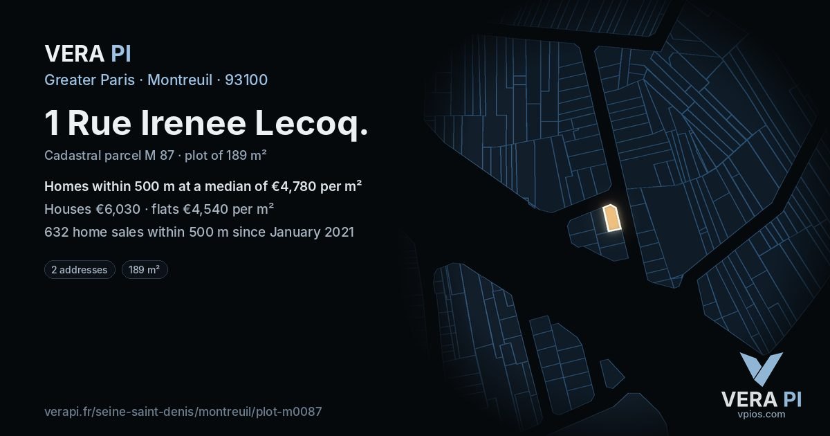 1 Rue Irenee Lecoq, Montreuil at night – the plot lit, the parcels around coloured by the prices near them