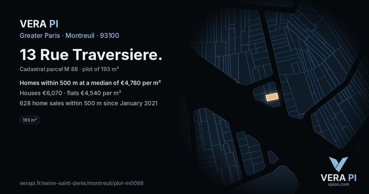 13 Rue Traversiere, Montreuil at night – the plot lit, the parcels around coloured by the prices near them