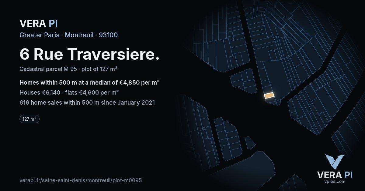 6 Rue Traversiere, Montreuil at night – the plot lit, the parcels around coloured by the prices near them
