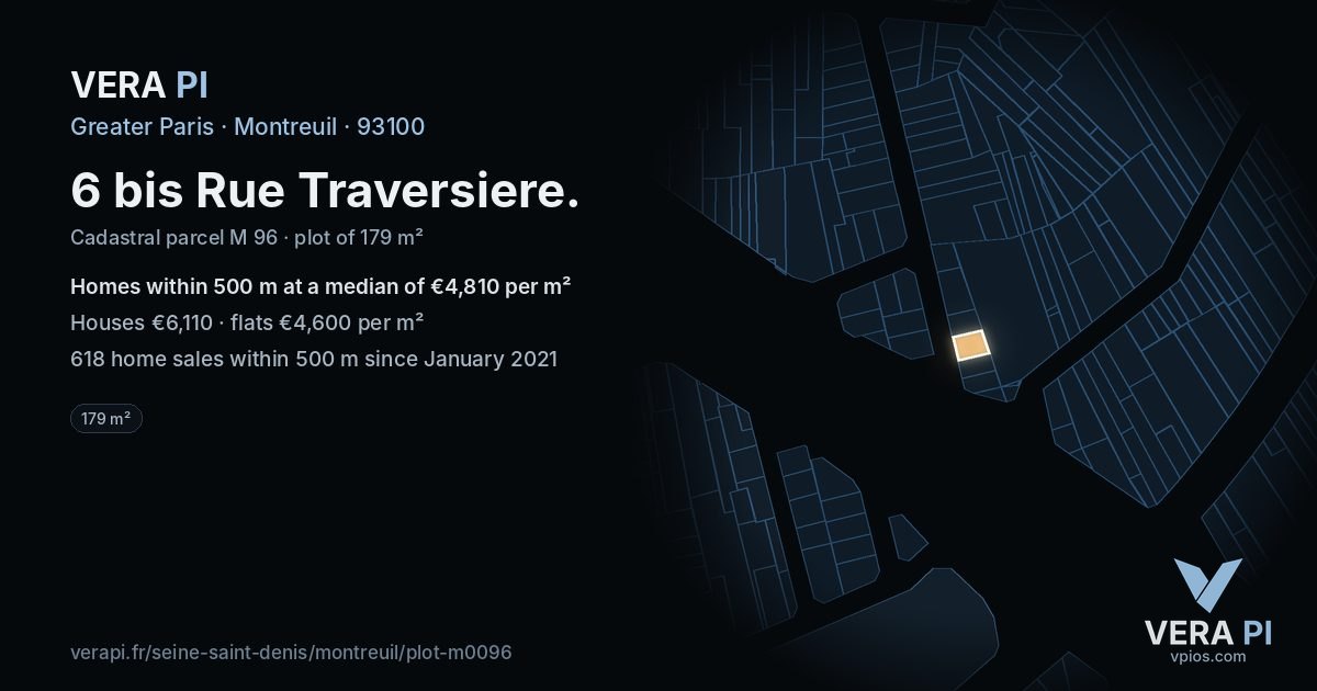6 bis Rue Traversiere, Montreuil at night – the plot lit, the parcels around coloured by the prices near them