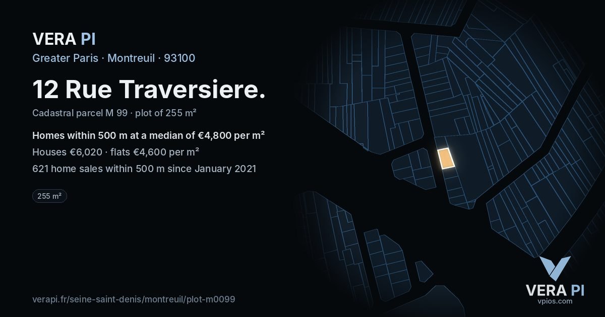 12 Rue Traversiere, Montreuil at night – the plot lit, the parcels around coloured by the prices near them