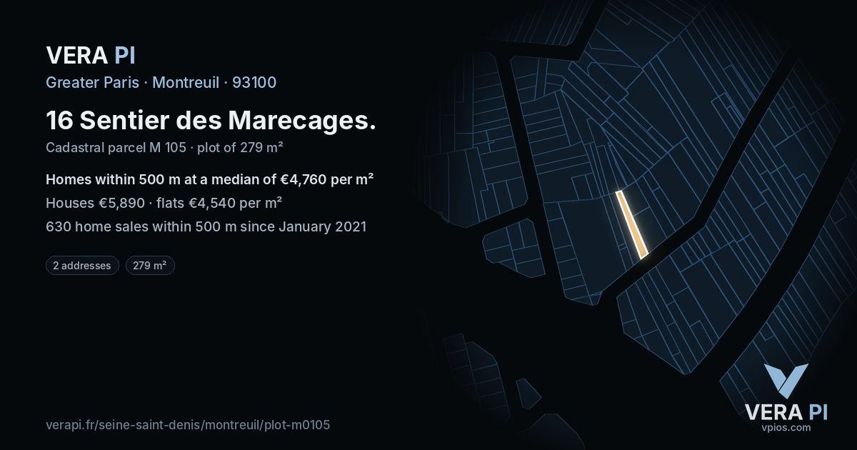 16 Sentier des Marecages, Montreuil at night – the plot lit, the parcels around coloured by the prices near them